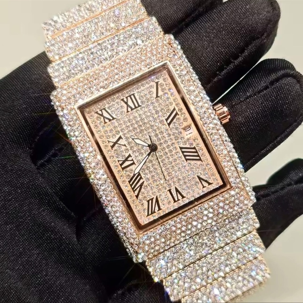 Rose Gold Pave Crystal Rectangular Wristwatch - image 1
